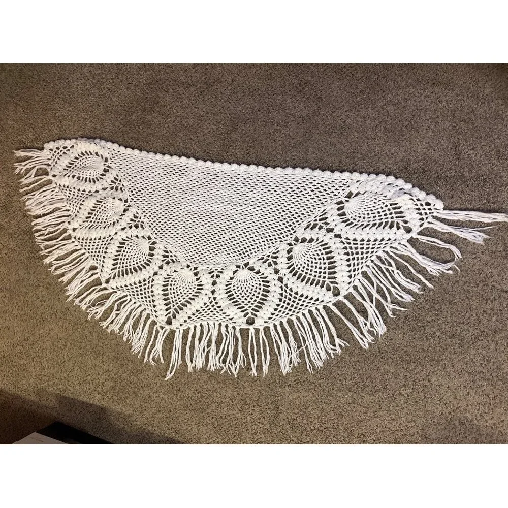 Vintage Pineapple Crochet Shawl Fringe Wrap Ivory Boho Festival One Size - Picture 3 of 16